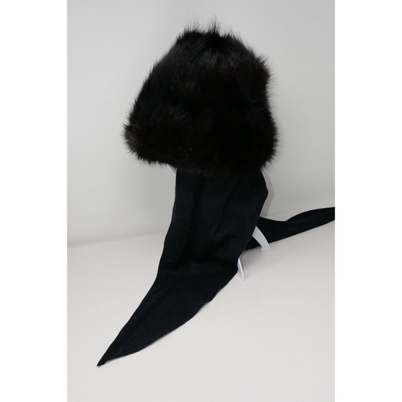 Canadian Hat Mfg Co 1980's Black Muskrat Fur Hat with Wool Scarf Ties - Picture 5 of 9